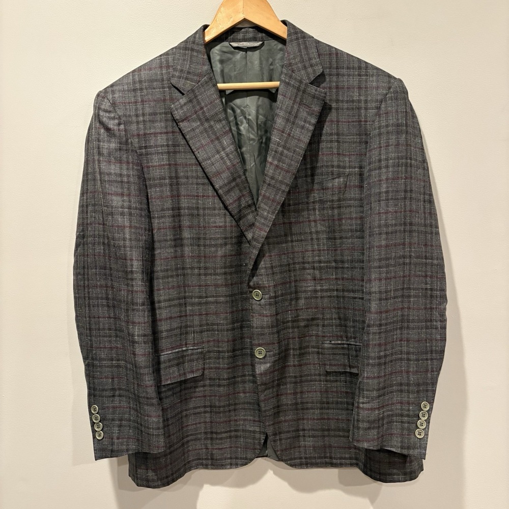 Canali Gray Windowpane Plaid Wool Silk Linen Blazer Sport Coat Italy Made 44R